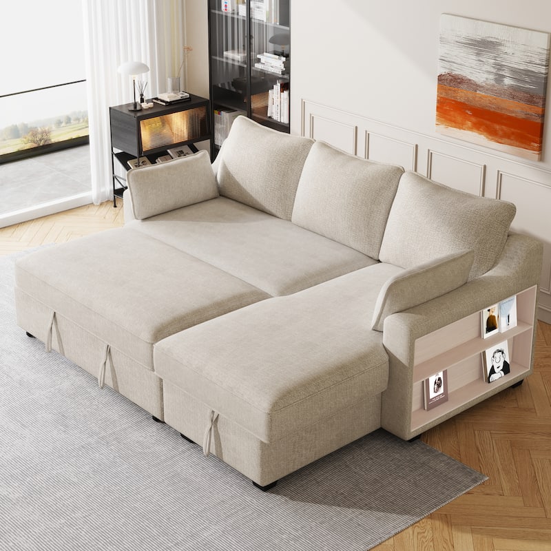 MERAX L-Shaped Couch Convertible Sofa Bed with Storage Chaise - Beige