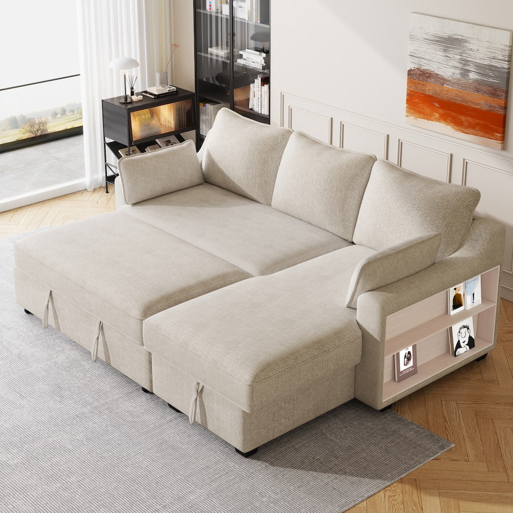 Roomfitters Pull-Out Sleeper Sofa Bed, L-Shaped Convertible Couch with Storage Chaise, Built-In USB Ports, Beige