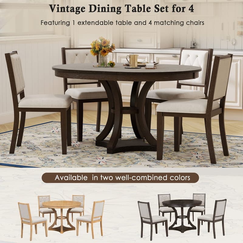 5-Piece Retro Functional Dining Table Set Extendable Round Table and 4 Upholstered Chairs for Dining Room