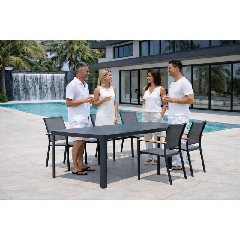 Quay Dark Grey 7-Piece Aluminum Outdoor Dining Set with Tribeca with Ceramic Glass Table Top - N/A