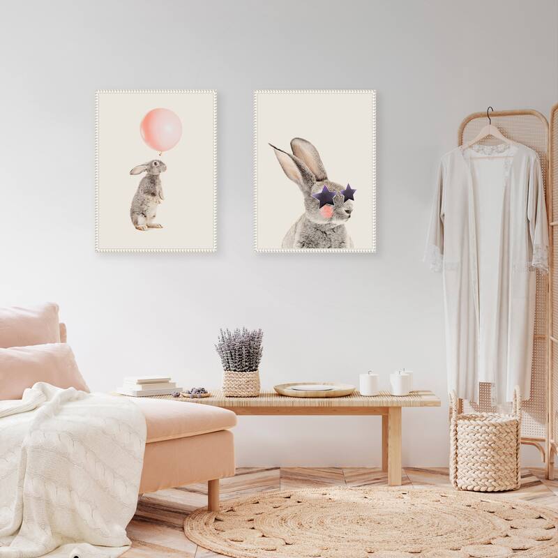 Kate and Laurel Sylvie Beaded The Bunny Star Glasses and The Bunny Pink Balloon Framed Canvas Art Set by July Art Prints