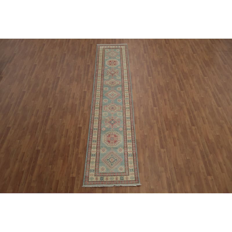 Hand Knotted Oriental 100% Wool Carpet Traditional Geometric Navy Blue & Blues Kazak Runner Rug - 13' 4'' X 2' 10''