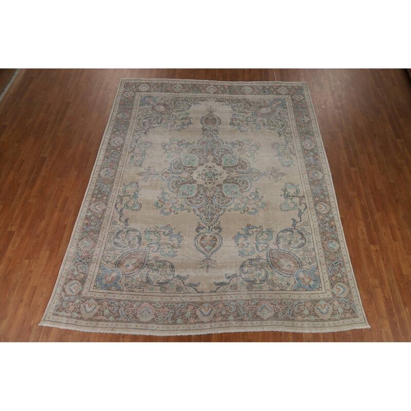 Traditional Tabriz Persian Rug Handmade Oriental Beige Wool Carpet - 8'11"x 11'3"