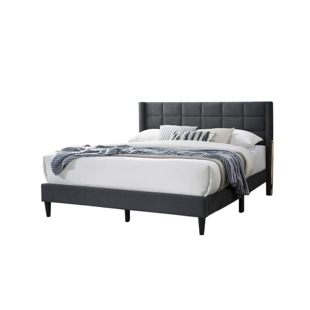 Meno Queen Size Bed, Square Stitched Charcoal Gray Linen Upholstery