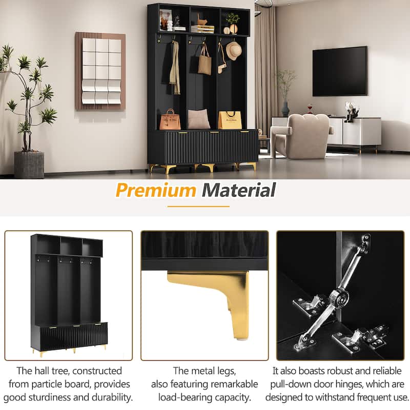 3-in-1 Hall Tree with Storage Bench & Shoe Storage, Glossy Fluted Cabinet Coat Rack with Gold Handles and Legs