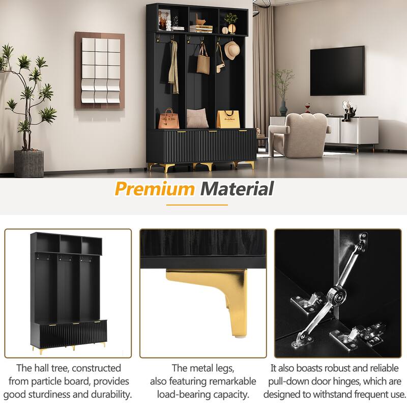 Storage Hall Tree with Bench, Multi-functional Storage Bench with High Gloss Fluted Doors, Coat Rack with 6 Hooks and Legs