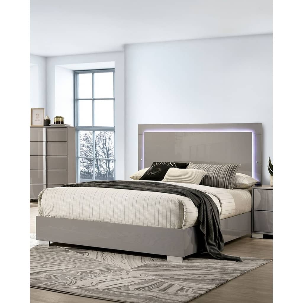 Queen Size LED Headboard Bed with Chrome Legs and UV Finish, Light Taupe Contemporary Design
