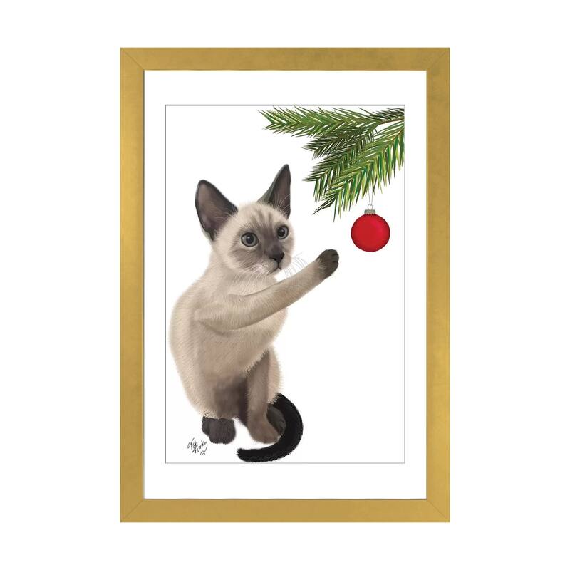iCanvas "Siamese Cat and Bauble" by Fab Funky - Gold - 32x24x1