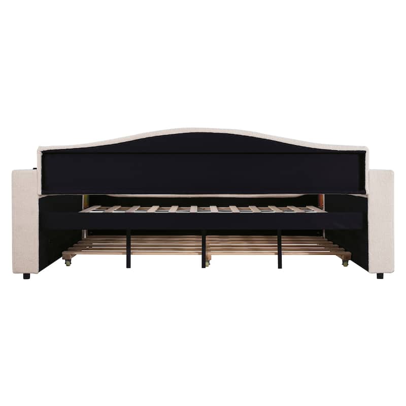 Full Upholstered Daybed with Storage Armrests, Twin Trundle, and Bluetooth Audio System in Cozy Teddy Fleece