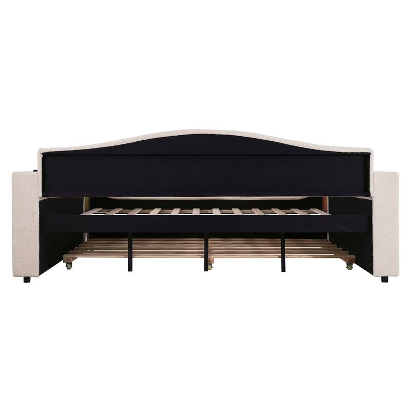 Upholstered Daybed with Storage Armrests, Trundle and Latest Integrated Bluetooth Audio System