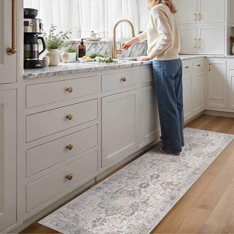 Mcow Vintage Light Taupe Brown Floral Low Pile Machine Washable Runner Rug