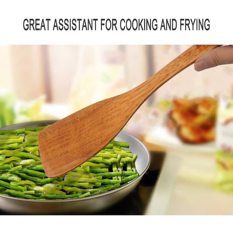 Wooden Turner Long Hand Cookware Stir Fry Spatula Kitchen Cooking Baking - Wood Color