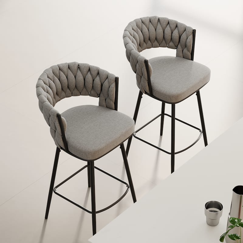 360° Swivel Bar Chairs Set of 2, with Upholstered Woven Backrest, Pub Chairs wMetal Leg Footrest Bar Chairs Bar Seating - Gray