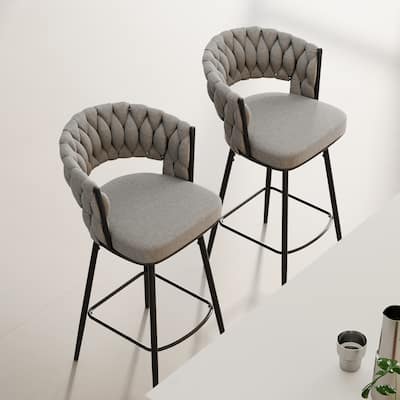 360° Swivel Bar Chairs Set of 2, with Upholstered Woven Backrest, Pub Chairs wMetal Leg Footrest Bar Chairs Bar Seating