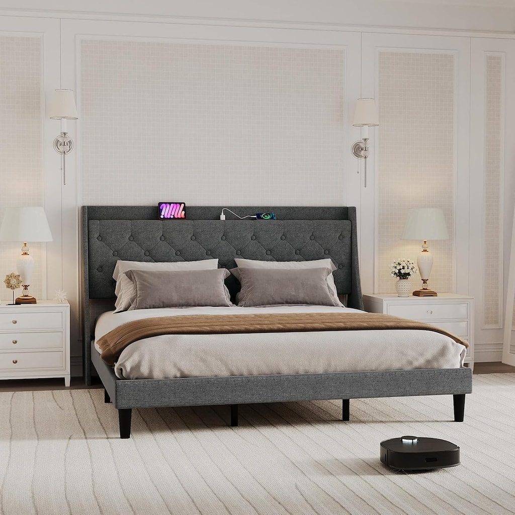 Upholstered Bed Frame with Deep Button Tufted Headboard, Wood Slats, Storage Shelf & Charging Station, Dark Gray