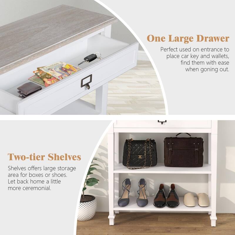 Accent White Console Table with Drawer and Shelf, Wood Sofa Table with Storage for Entryway Hallway Living Room