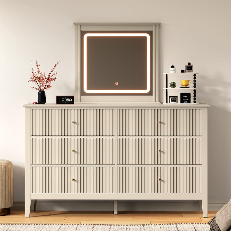 6 Drawer Dresser with Lighted Mirror - Beige