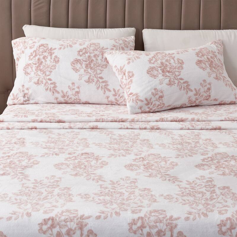 Luxurious Printed Velvet Plush Warm and Cozy Sheet Set. - California King - Toile - Blush Pink