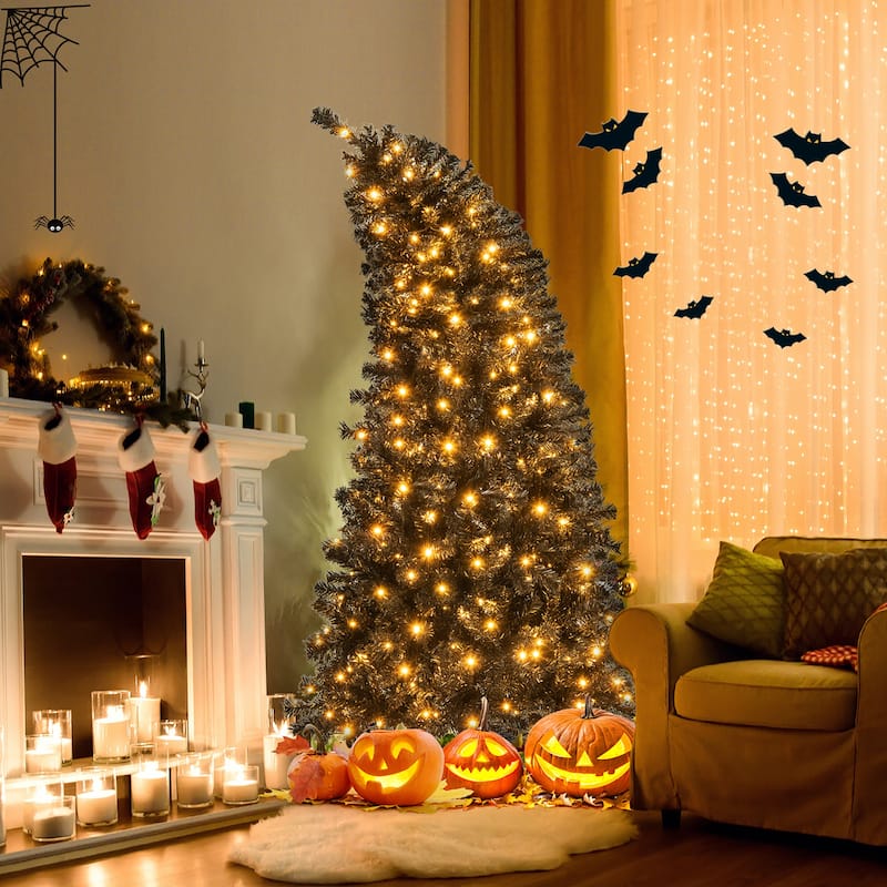 Gymax 6/7 FT Artificial Halloween Tree Pre-Lit Black Christmas Tree w/