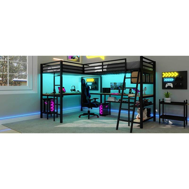 Roomfitters Metal Twin L-Shaped Loft Bed with 2 Desks, LED Lights and Charging Station, Black