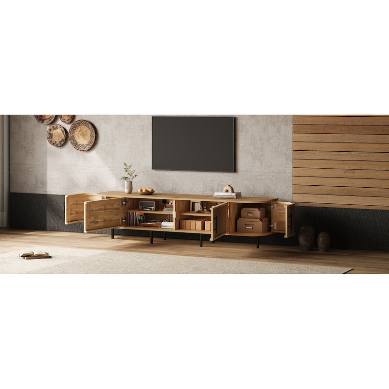 70" Modern TV Stand with Rattan Doors for TVs up to 80", Media Console with Storage Space & Cable Holes, Entertainment Center