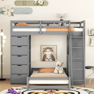 Multifunctional & Useful Design Wood Bunk Bed with Maximized Storage Space, Solid Construction