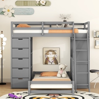 Twin over Twin Bunk Bed with LED Light and 7 Storage Drawers, Shelves & Desk with Safety Full-Length Guardrail Bed