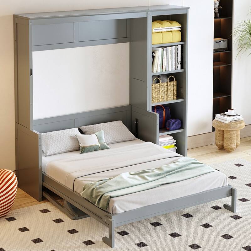 Full/Queen Size Murphy Bed with Built-in Desk, Wall Bed Folding Bed Frame with 5-Tier Side Bookshelf