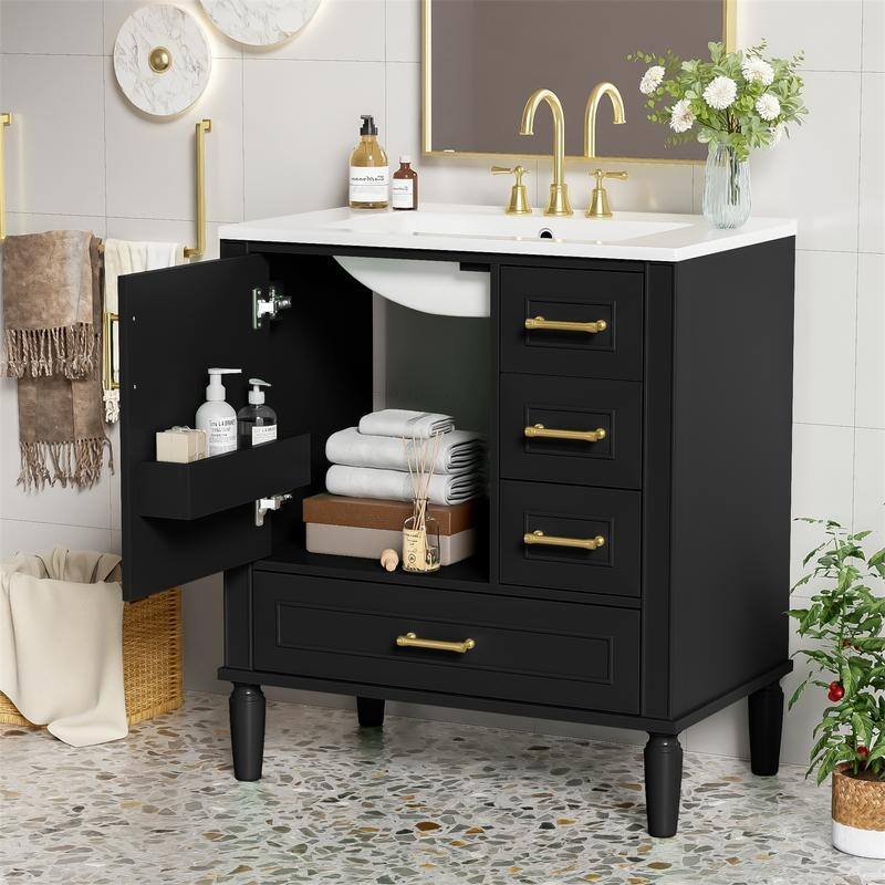 Traditional 30" Bathroom Vanity with Ceramic Sink, Freestanding Bathroom Vanity Cabinet with 3 Drawers and 1 Soft Close Door