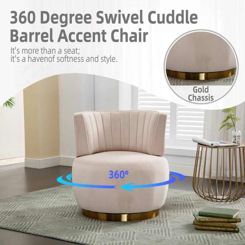 Swivel Barrel Chair, Comfy Velvet Upholstered Accent Sofa Chair, Leisure Club Chair with Shell-Shaped Back & Angled Armrests