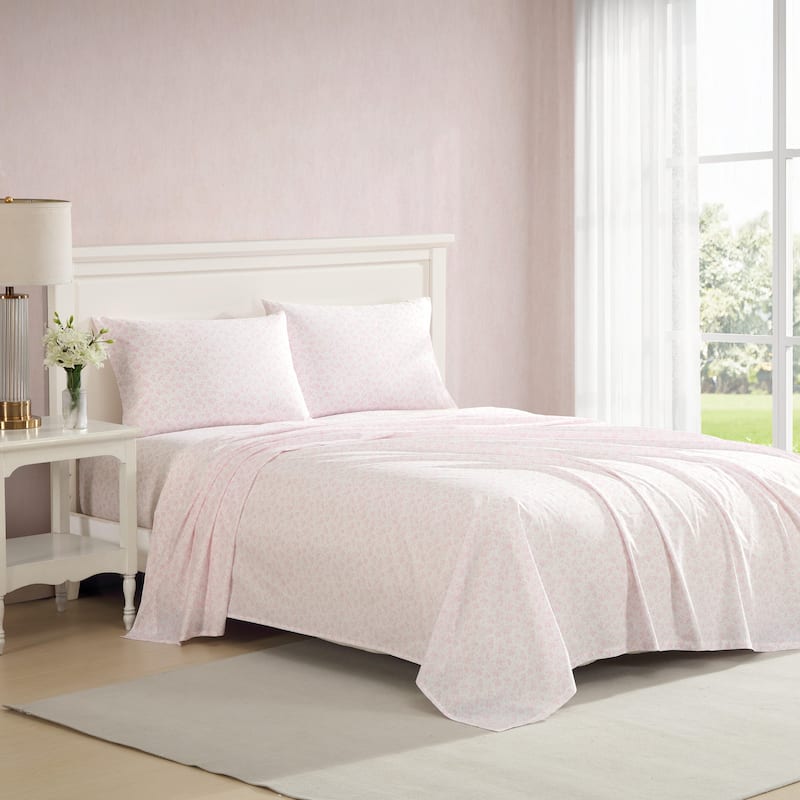 Laura Ashley Printed Cotton Percale Sheet Set - Queen - Floral Toile Pink