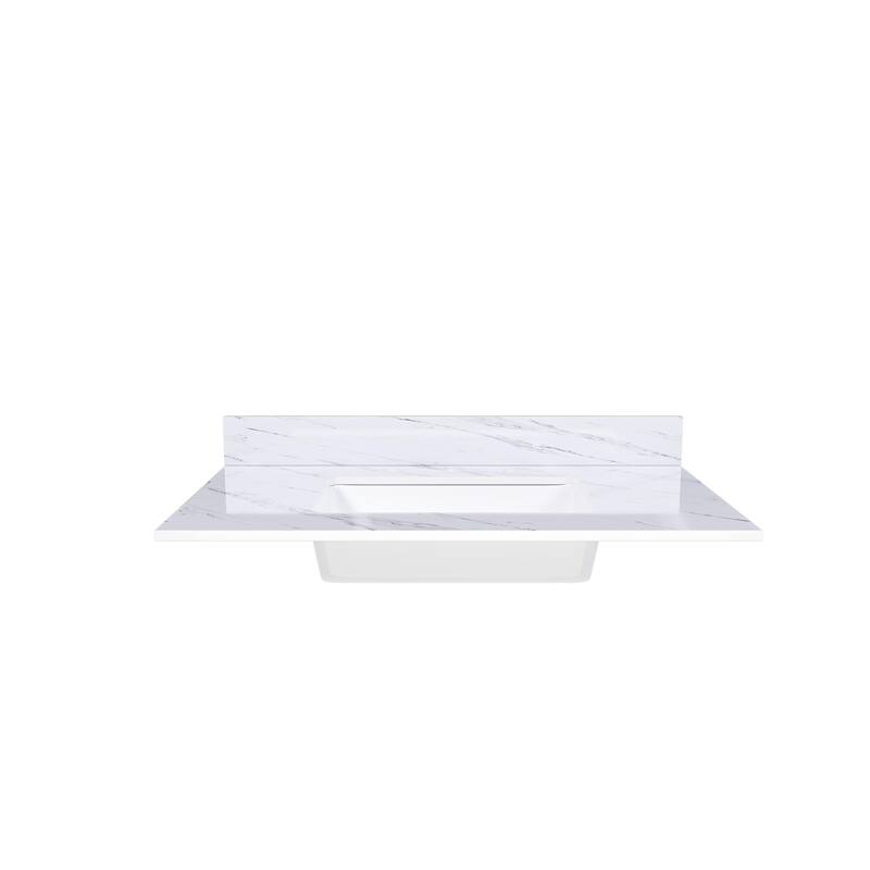 Roomfitters 37 Inch Bianco Carrara Venato Vanity Top with Rectangular Undermount Sink, Sintered Stone Counter, White