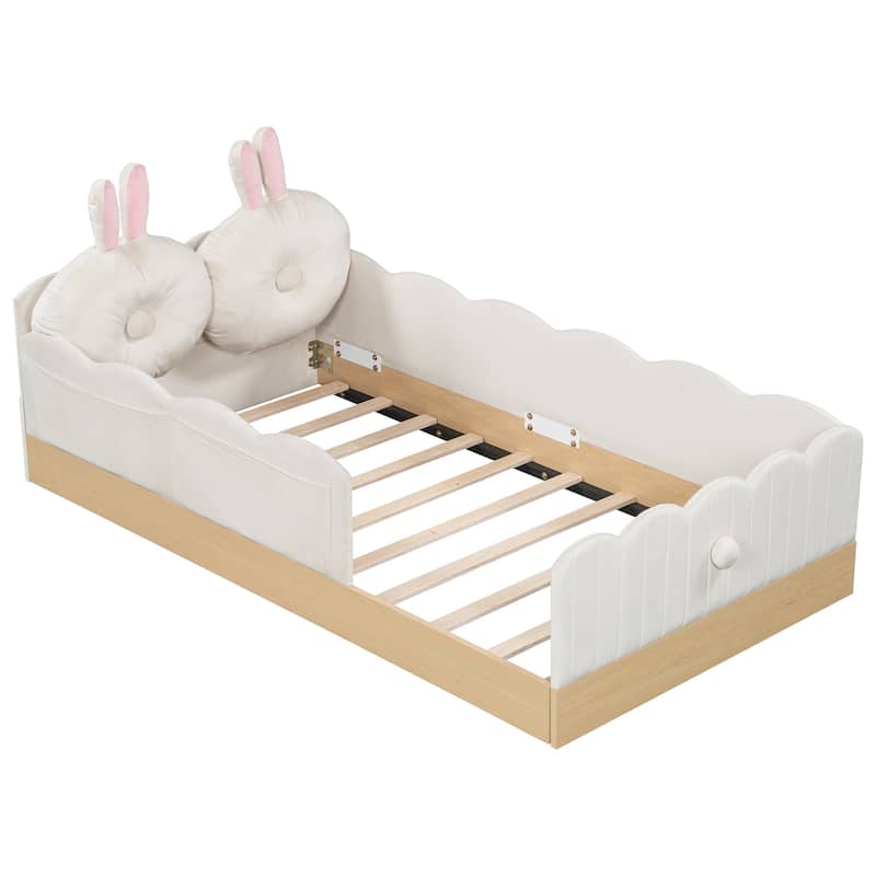 Twin Size Upholstered Bed with Bunny Ear Shape Pillows and Rabbit Tail Footboard, Storage Bags, Wave Frame Platform Bed