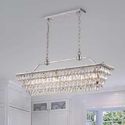 Antique Silver 6-Light Rectangular Kitchen Island Lighting with Crystal Hanging - Antique Silver