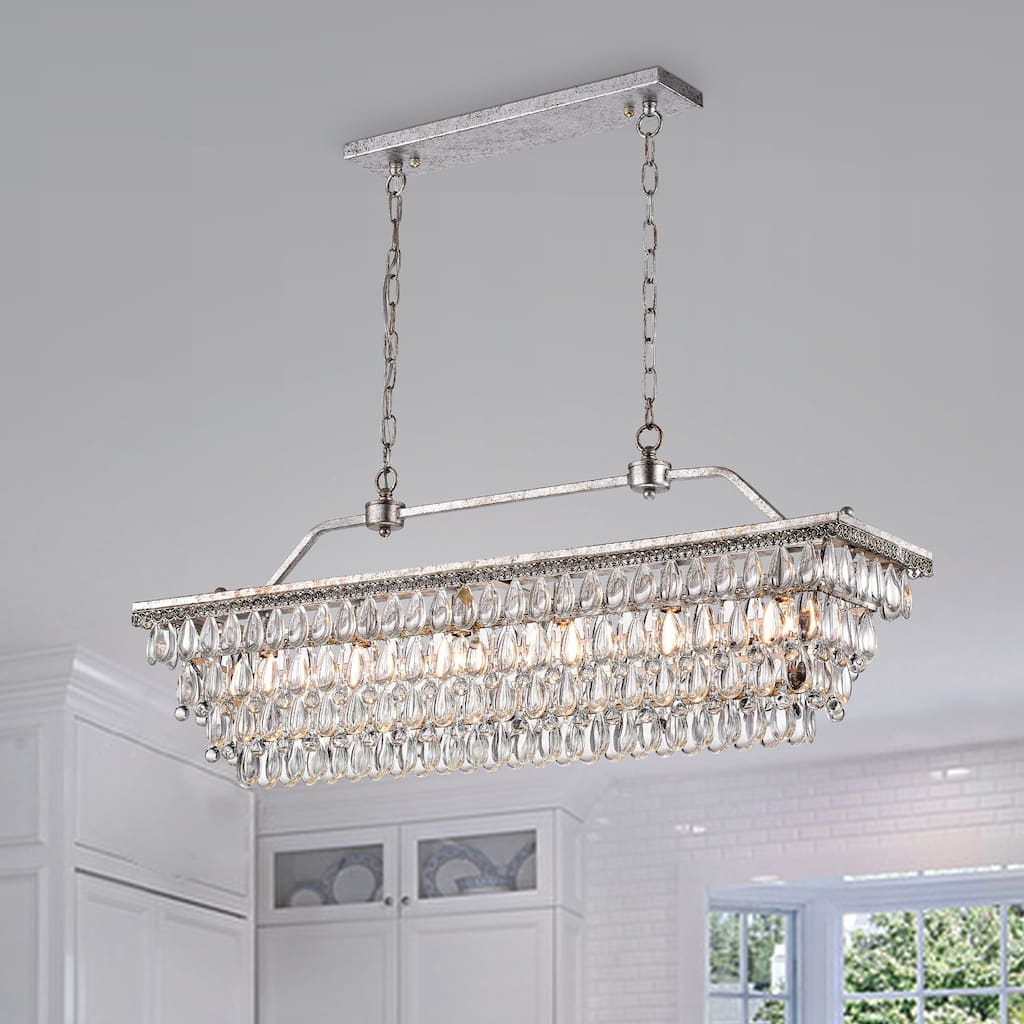 Antique Silver 6-Light Rectangular Kitchen Island Lighting with Crystal Hanging - Antique Silver