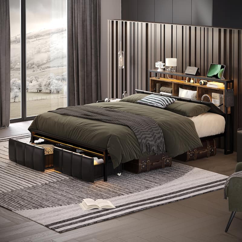 Bed Frame Storage Platform Bed with Charging Station Headborad and LED Ligths