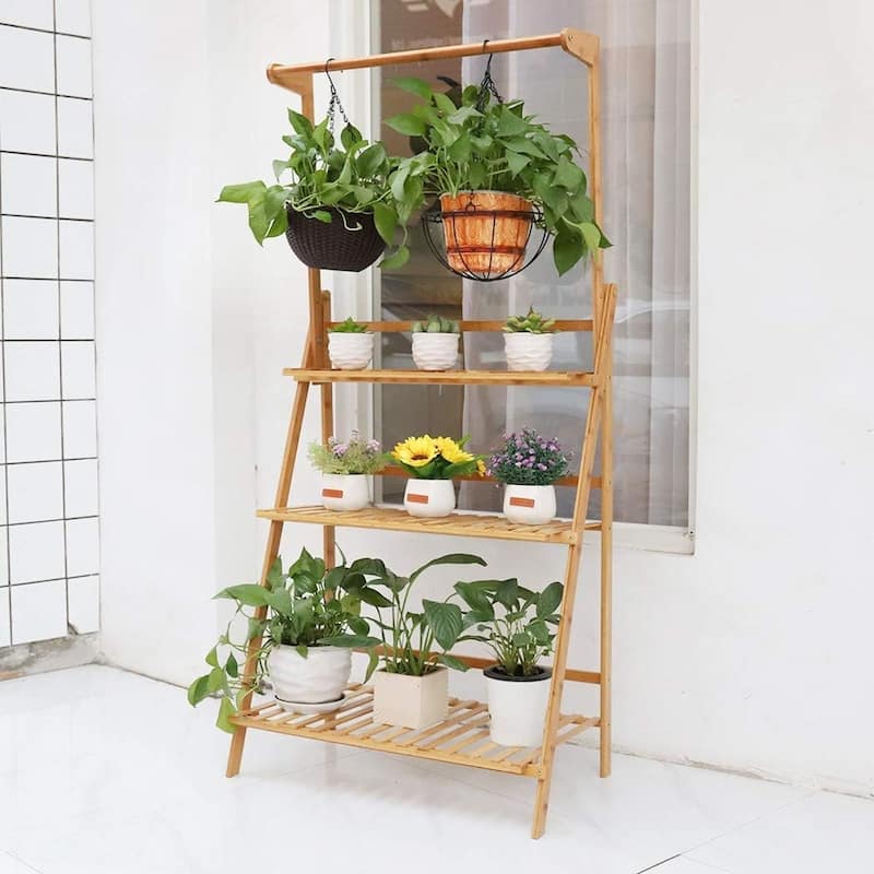 27" 3 Tier Plant Stand Hanging Rack Bamboo Plant Ladder Foldable Flower Pots
