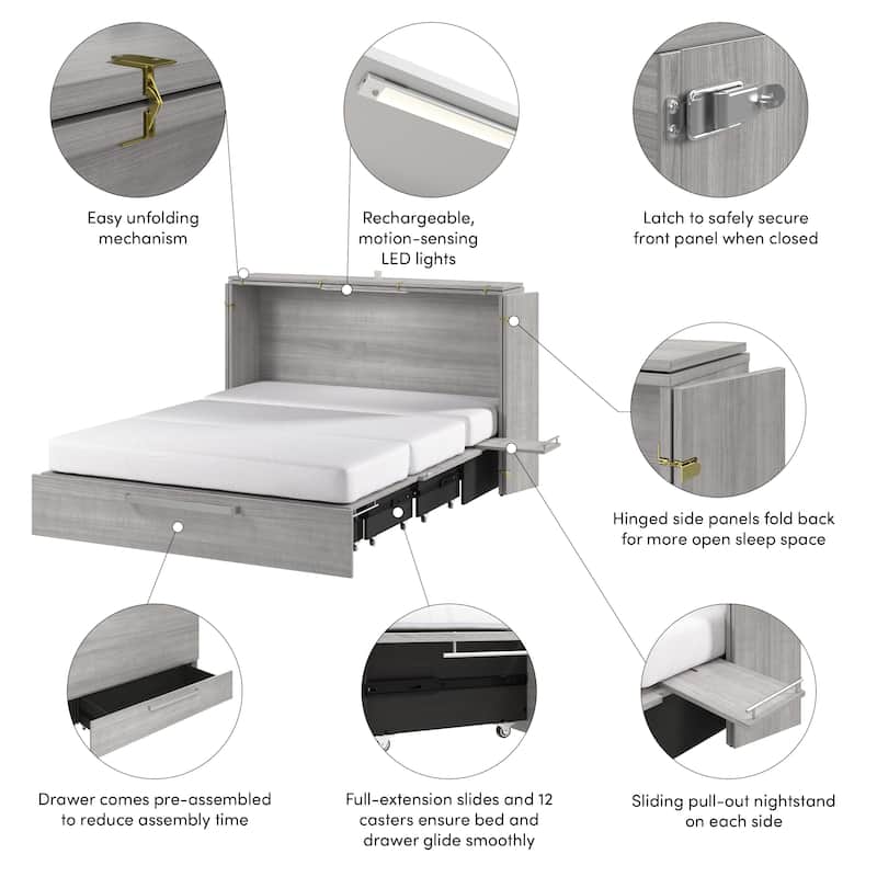 Bestar Borealis 63W Queen Murphy Cabinet Bed with Drawer and Mattress
