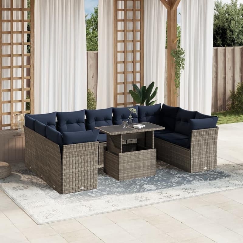 vidaXL 10/11 Piece Patio Sofa Set with Cushions Black/Brown/Gray Poly Rattan - Gray without storage