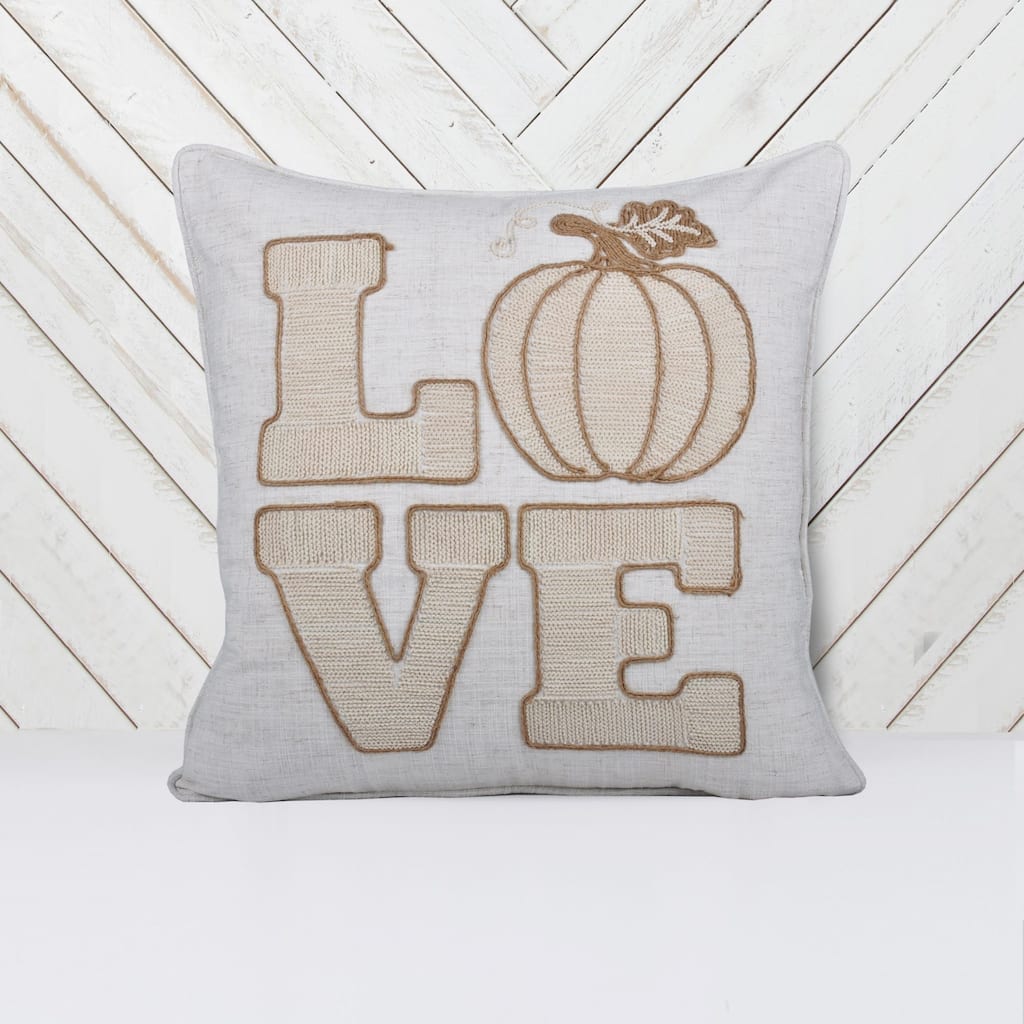 LOVE Pumpkin Embroidered Throw Pillow - Rustic Beige Fall Decor