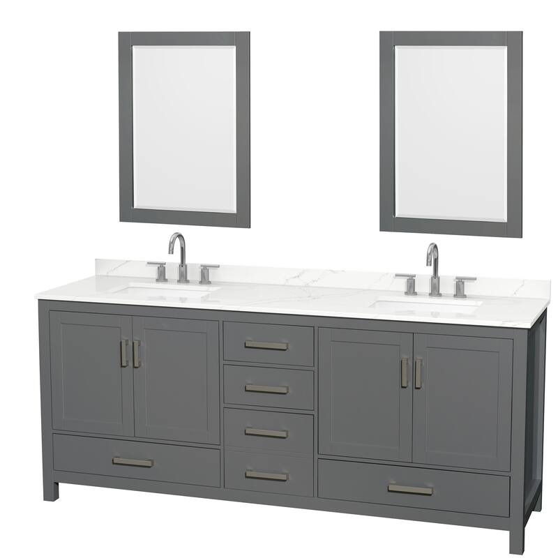 Sheffield 80-inch Double Vanity, 3 Hole Quartz Top, 24-inch Mirrors - Dark Gray, Chrome Trim, Giotto Quartz Top