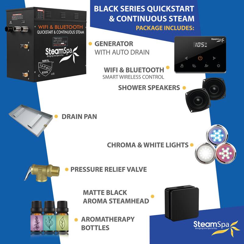 Black Series 9KW Steam Bath Generator with Fully Wireless Remote, BLUETOOTH, WIFI, and Auto Drain - 9 KW