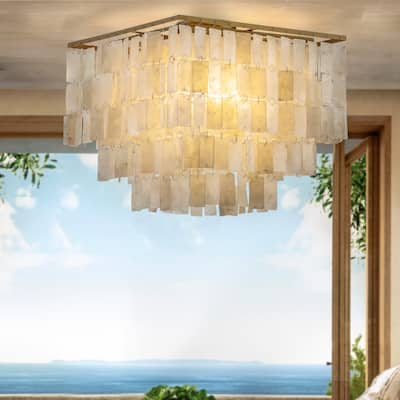 3-Light Coastal Natural Capiz Shell Tiered Flush Mount Ceiling Light With Square Antique Gold Frame - W 15.7"