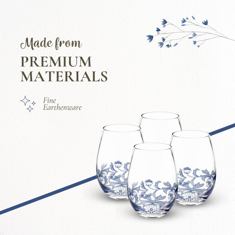 Spode Set of 4 Blue Italian Stemless Wine Glass - 19 oz.