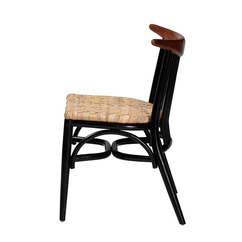 Parthenia Mid-Century Modern Two-Tone Black and Walnut Brown Finished Mahogany Wood and Natural Rattan Dining Chair