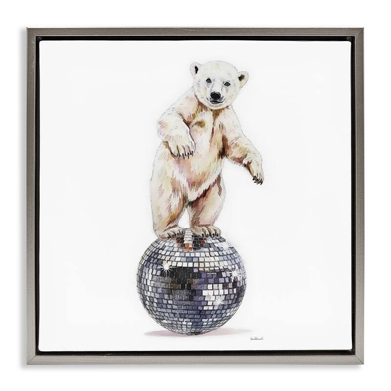 Stupell Polar Bear on Disco Ball Framed Floater Canvas Wall Art Design By Amanda Greenwood - 18 x 18 - Grey