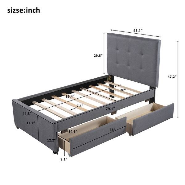 Twin Linen Upholstered Platform Bed with Headboard and Drawers
