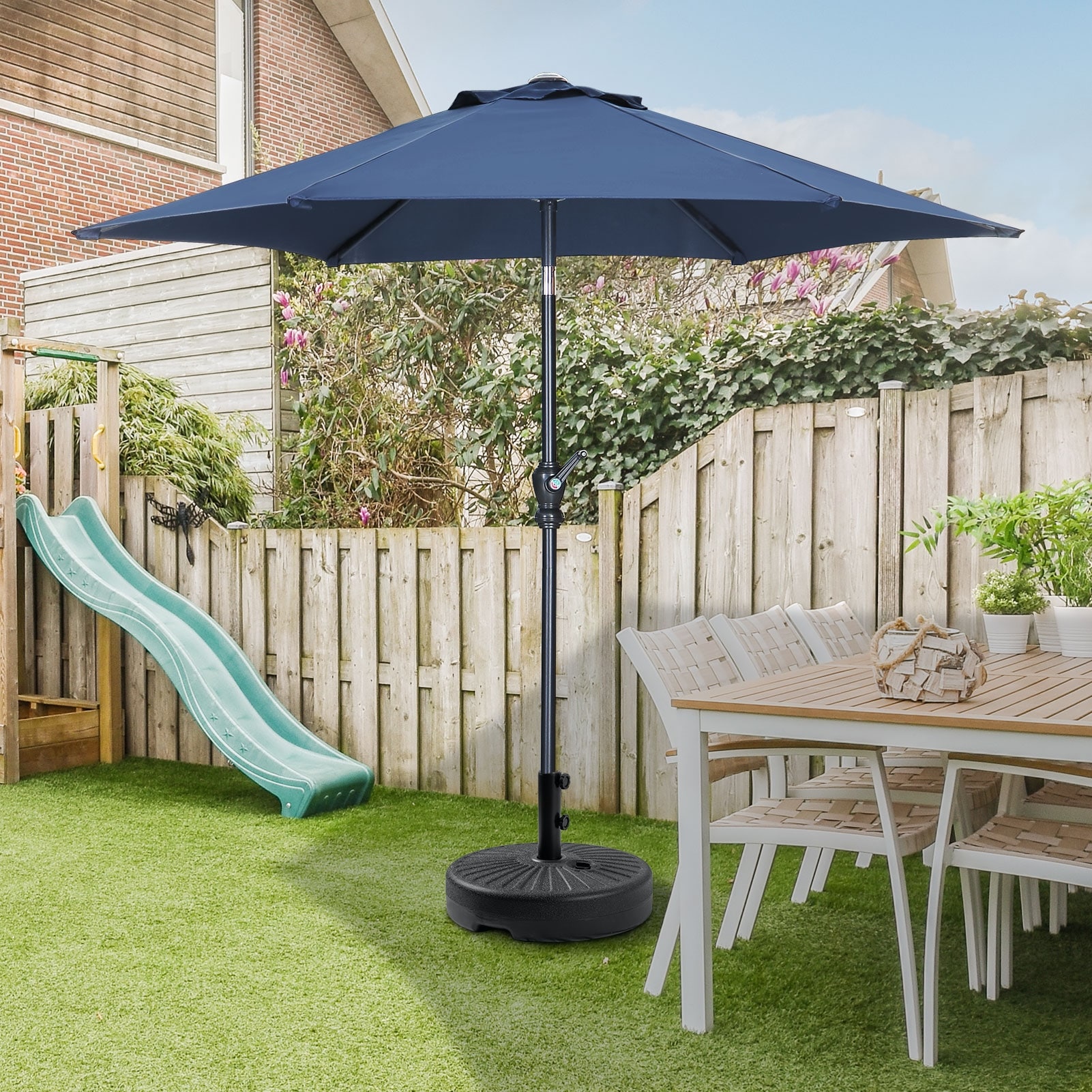 grey solar patio umbrella 9' Designer - Infinite 360 Auto Tilt Lux Get ready to entertain from dusk until dawn with the 9 ft Ovios 15ft Solar LED Patio