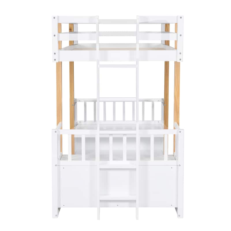 Wood Twin Size Loft Bed with 2 Seats and a Ladder, White Bed Bath