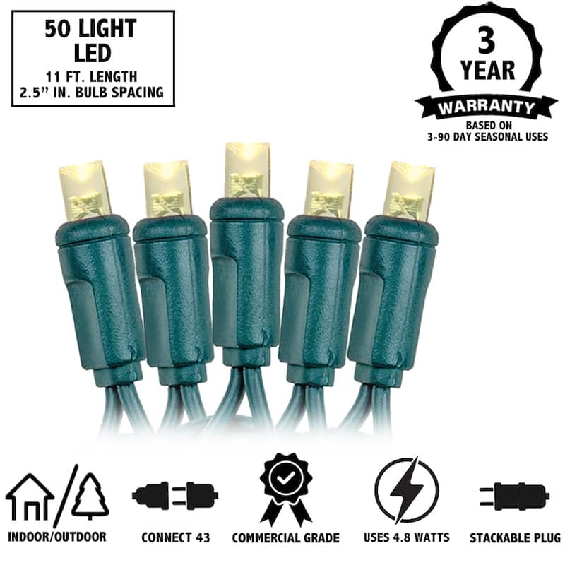 50 Light LED Christmas Mini Light Set, Patio Lights, Warm White, Green Wire, 11’